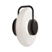 Tratto wall light, black finish, features a large circular matte white shade with curved arm and dual bracket supports.