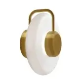 Tratto wall sconce, brass finish, features a matte white oval diffuser with curved arm and cylindrical bracket, minimalist design.