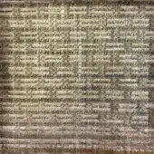 Woven textile sample, neutral beige and gray tones, irregular weave with muted gold and dark blue accents, coarse fiber texture, gold band.