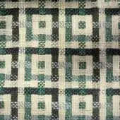 Geometric textile with interlocking squares in off-white, dark green, and gray, featuring a raised, textured weave and subtle repeating patterns.