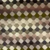 Geometric textile sample with interlocking diamonds in olive, rose, gray, charcoal, and off-white, displaying a woven texture and repeating grid pattern.