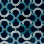 Geometric teal textile pattern with interlocking circles, navy accents, and gold threading, exhibiting a plush, slightly raised fabric texture.