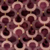 Burgundy velvet textile with repeating circular pattern, connected by woven beige and gold bands, featuring overlapping shapes and gold dots.