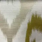 Abstract brushstroke fabric sample, light beige and gray with olive green streaks, woven linen texture, asymmetrical pattern, vertical ribbing.