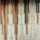 Beige textile sample with vertical stripes in bronze, rust, and teal hues; woven texture with subtle sheen and irregular linear design.