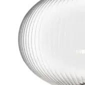 Clear glass pendant light with vertical ridges and a metallic base, studio shot on a white background.