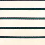 Woven textile sample with horizontal stripes of navy blue and emerald green against a cream background, displaying a linear pattern.
