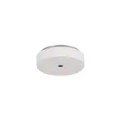 White mini canopy, brushed metal band, circular flush mount fixture with recessed center and dark aperture for ceiling installation.