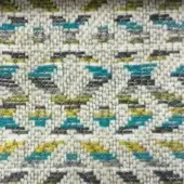 Geometric textile sample with turquoise, olive, and gray rectangular blocks woven into an off-white, nubby, and textured fabric; co1025 col.