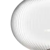 Glass sphere with radial grooves, transparent ribbed texture, white background, linear pattern, lighting fixture or decorative object.
