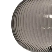 Spherical pendant light, brushed silver metal, horizontal banded construction with circular perforations and subtle vertical highlights.