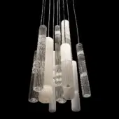 Chandelier, glass and silver, features tiered cylindrical elements with frosted and clear finishes, ribbed texture, and beaded detailing.