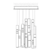 Linear chandelier with rectangular rods and brushed metal ceiling mount, clustered in asymmetrical layers against a white backdrop.