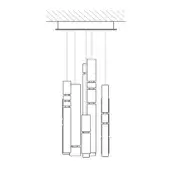 Chandelier line drawing, five-tiered vertical design, rectangular modules, staggered arrangement, minimalist style, diagonal textured ceiling.