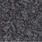 Dark gray looped pile fabric texture with irregular, curled fibers creating a dense, shaggy surface and heathered yarn variations.