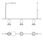 Linear chandelier, black metal, with three spherical fixtures suspended from a rectangular ceiling mount and horizontal bar.