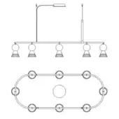 Pendant fixture technical drawing, black lines on white, rectangular bar with six spherical lights, CAD design, ceiling mount detail.