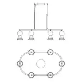 Linear chandelier technical drawing, black lines on white, with four conical lampshades and a floor plan layout below.