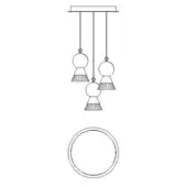 Three-tiered pendant light, black line drawing, rectangular mount, spherical tops, flared fringed shades, staggered arrangement, circular detail.