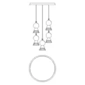 Chandelier line drawing, matte metal and fringed shades, six-light rectangular fixture with spherical and conical elements, technical illustration.