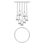 Chandelier line drawing, metal rods, nine spherical shades with fringed bases, staggered arrangement, circular ring detail, schematic lighting fixture.