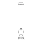 Minimalist lamp line drawing, black and white, featuring a square mount, slender rod, spherical fixture, and ridged conical base.