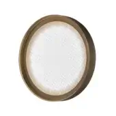 Wall sconce, brushed brass, circular layered frame with metallic mesh screen and recessed mounting screws, satin brass finish.