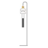 Floor lamp, white metal, tiered shades; orange sphere top, two white semi-spheres below, dark fringe, minimalist design, matte finish.