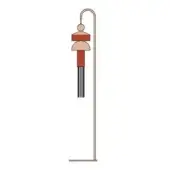 Floor lamp, copper metal, arched silhouette with layered geometric head; beige disc, red-brown rectangle, black fringe detail.