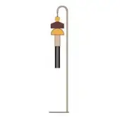 Floor lamp, copper metal stem, stacked geometric shade with brown, yellow, and black-white striped sections, plus a golden sphere.