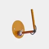 Wall lamp, mustard yellow, with brushed silver joint and orange cylindrical arm, emitting violet light against a light gray backdrop.