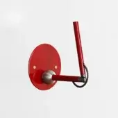 Wall lamp, scarlet red, circular backplate with brushed metal sphere and cylindrical arm, minimalist geometric design, glossy finish.