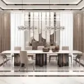 Superior DV Home Collection Manhattan table with a stainless steel base and exquisite marble tabletop in neutral beige and gray tones with a satin finish