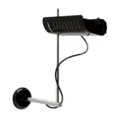 Pendant lamp, black metal + chromium plated, curved shade with vertical slots and chrome arm, mid-century modern design.