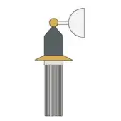 Wall sconce, gray metal with gold accents, cylindrical body and pyramid shade, mounted on curved bracket.