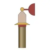 Wall sconce, red and beige, with gold sphere and geometric lines; stylized illustration against a white backdrop.