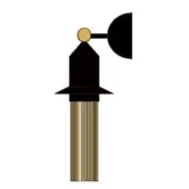 Wall light, black metal, circular plate with tiered black and gold striped shaft, minimalist modern design, studio product shot.