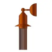 Copper outdoor wall sconce, rounded top, cylindrical body with flared brim and vertical copper slats, matte finish.