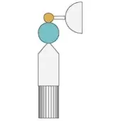 Wall lamp, mixed materials, vertical striped base with turquoise sphere and semi-circular white shade, modern abstract design.