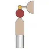 Wall sconce, mixed materials, vertical geometric design with striped base, red sphere, tan shade, and horizontal arm, labeled “app n4 mixed warm.”