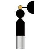Wall-mounted light, black metal, geometric design with gold sphere accent, rectangular prism body, striped base, studio shot.