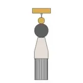 Pendant light, mustard yellow and gray, rectangular canopy with striped base and spherical accent, modern minimalist design.