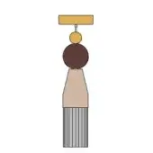 Abstract sculpture with stacked geometric forms in mustard yellow, gold, brown, beige, and gray stripes on a white background.