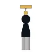 Pendant lamp, black metal with gold accents, layered rectangular canopy and striped cylindrical base, studio lighting.
