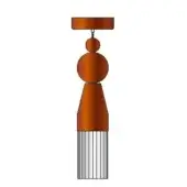 Pendant light, copper finish, layered geometric design with rectangular canopy, sphere, disc, cone, and ribbed cylindrical base.