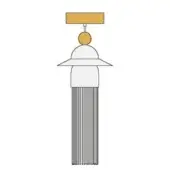 Pendant light, mustard yellow and white, tiered rectangular and spherical shade with white fringe detail.