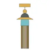 Pendant light, mixed materials, rectangular mount with golden sphere, dark-gray flared shade, and vertically striped fringe detail.