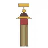 Tassel ornament, golden yellow and dark brown, rectangular top with tiered structure and long, alternating strand tassel.