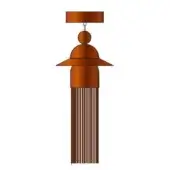 Copper pendant light, tiered design, rectangular, spherical, and disc elements with fringe, matte finish, contemporary style.