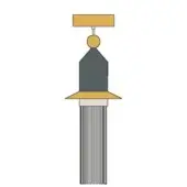 Tassel ornament, mustard yellow and gray, rectangular top with gold sphere, dark gray triangle, light gray strands, white background.